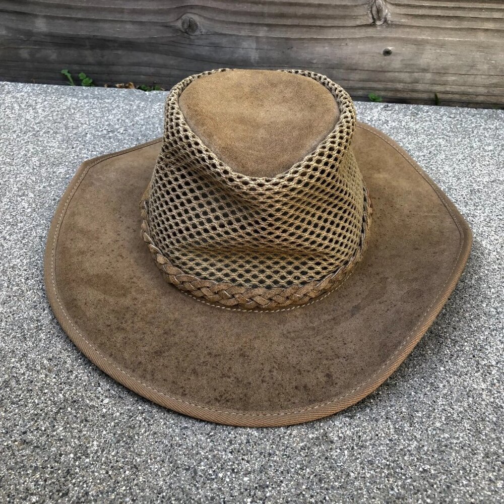 Vintage Genuine Leather Suede Fedora Hat Men's SMALL Mesh Adventure Outdoor Cap​
